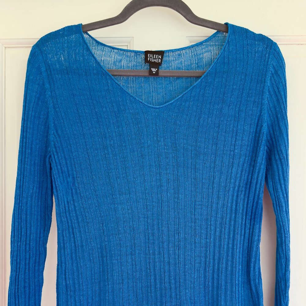 Eileen Fisher Ribbed Peacock lightweight linen V neck sweater M